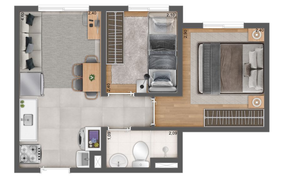 Planta 2 Dormitórios - Meio - 32,02m²