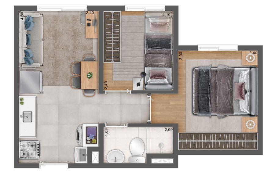 Planta 2 Dormitórios - Meio - 31,63m²