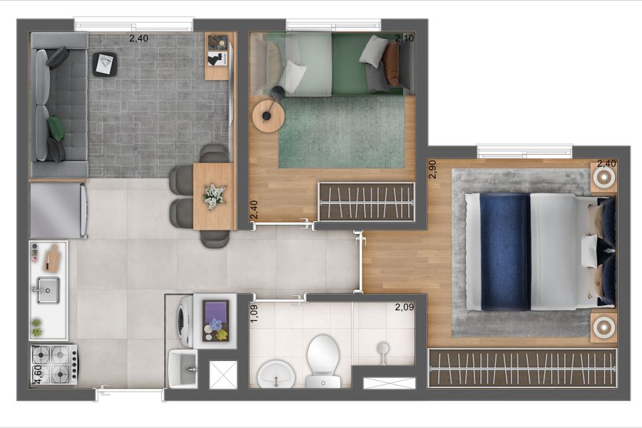 Planta 2 Dormitórios - Meio