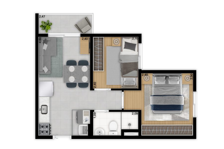 Planta 2 Dormitórios - 34,09m²