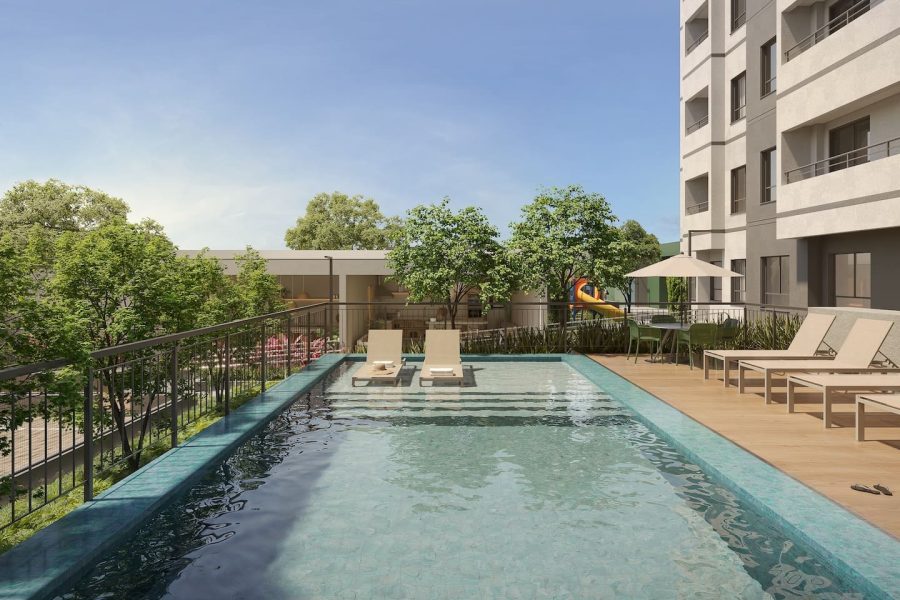 PISCINA COM DECK MOLHADO E SOLARIUM