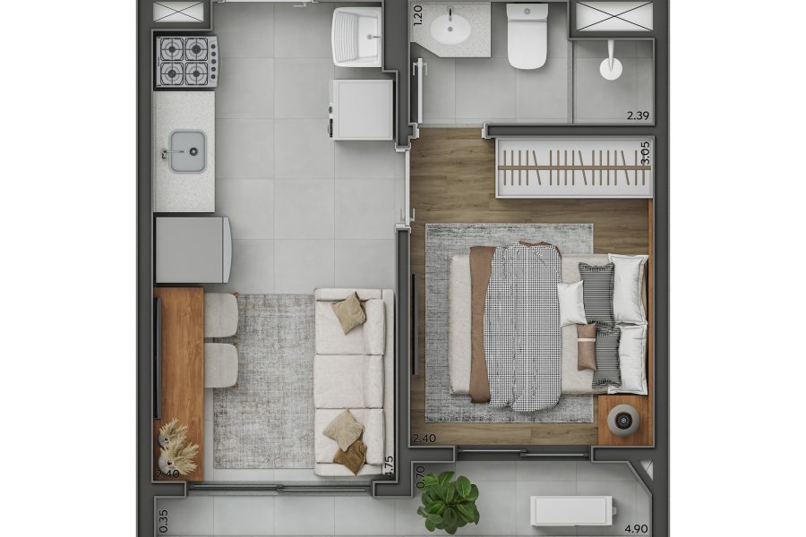 Planta 1 Dormitório - 28m² - Perspectiva Ilustrada