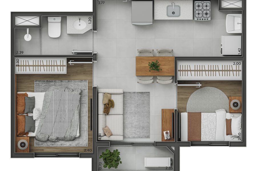 Planta 2 Dormitórios - 36m² - Perspectiva Ilustrada