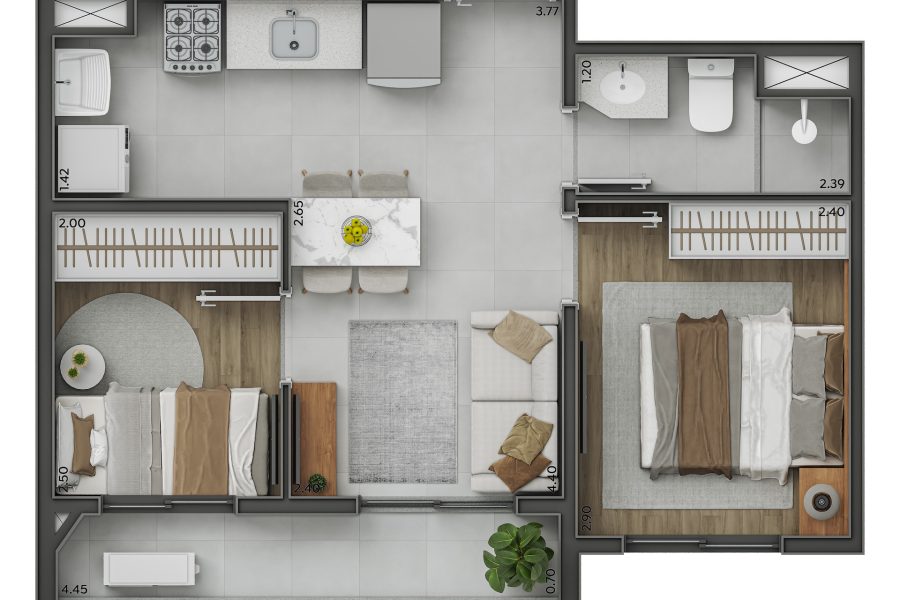 Planta 2 Dormitórios - 37m² - Perspectiva Ilustrada